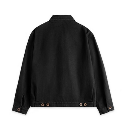 Back view of men’s black cotton workwear jacket