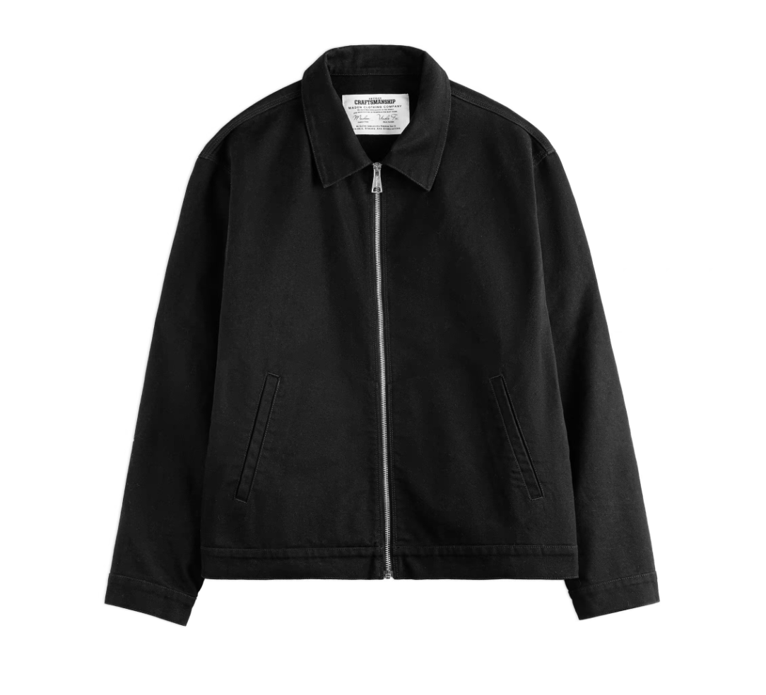 Men’s black cotton workwear jacket front flat lay