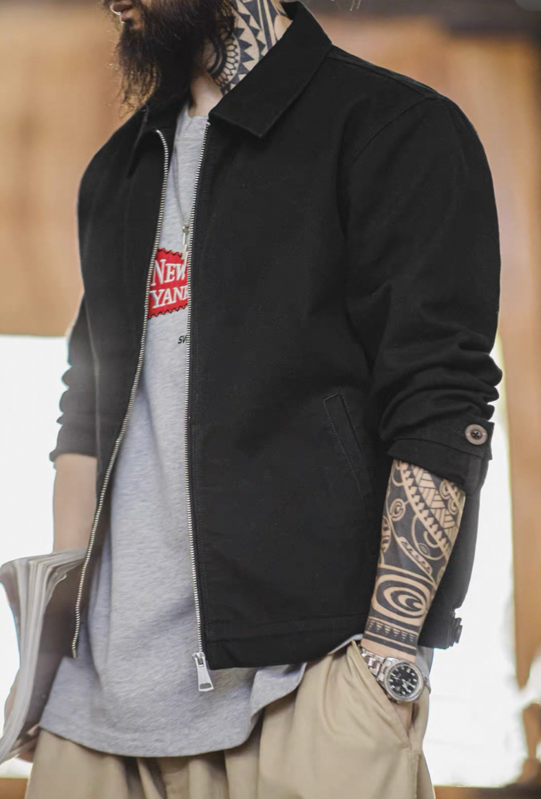 Streetwear look with men’s black cotton workwear jacket