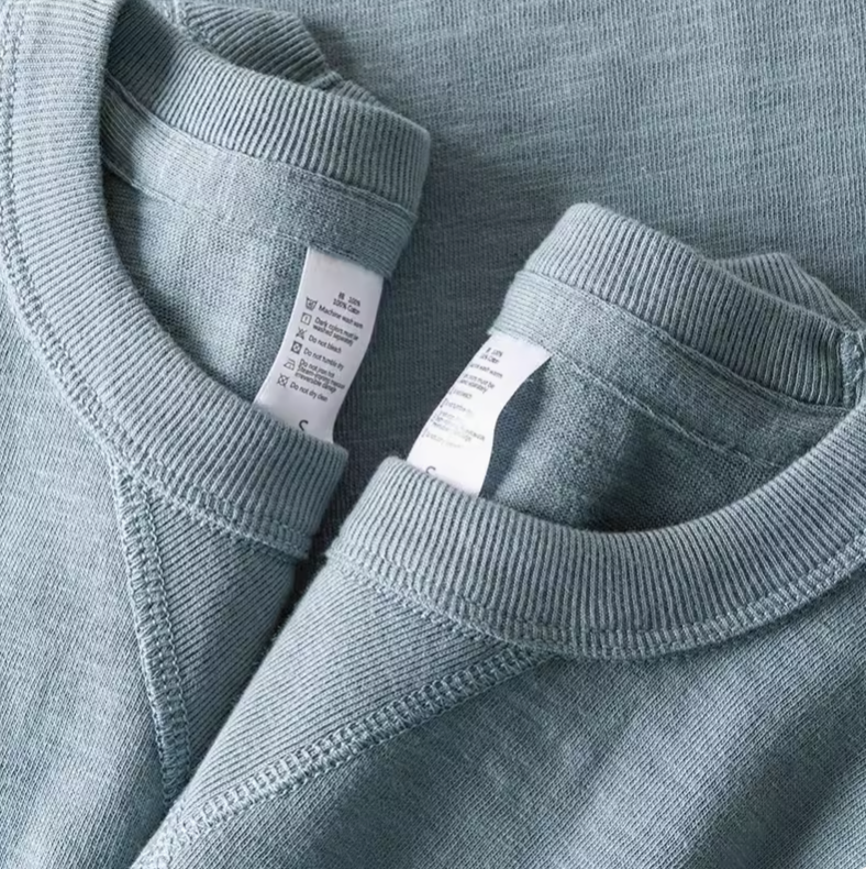 Blue Mist Crew Neck Tee blue color collar label detail showing crewneck stitching and inner tag