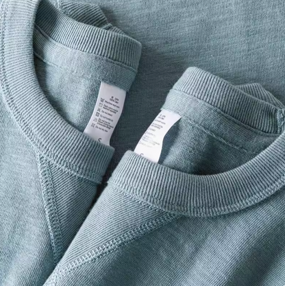 Blue Mist Crew Neck Tee blue color collar label detail showing crewneck stitching and inner tag