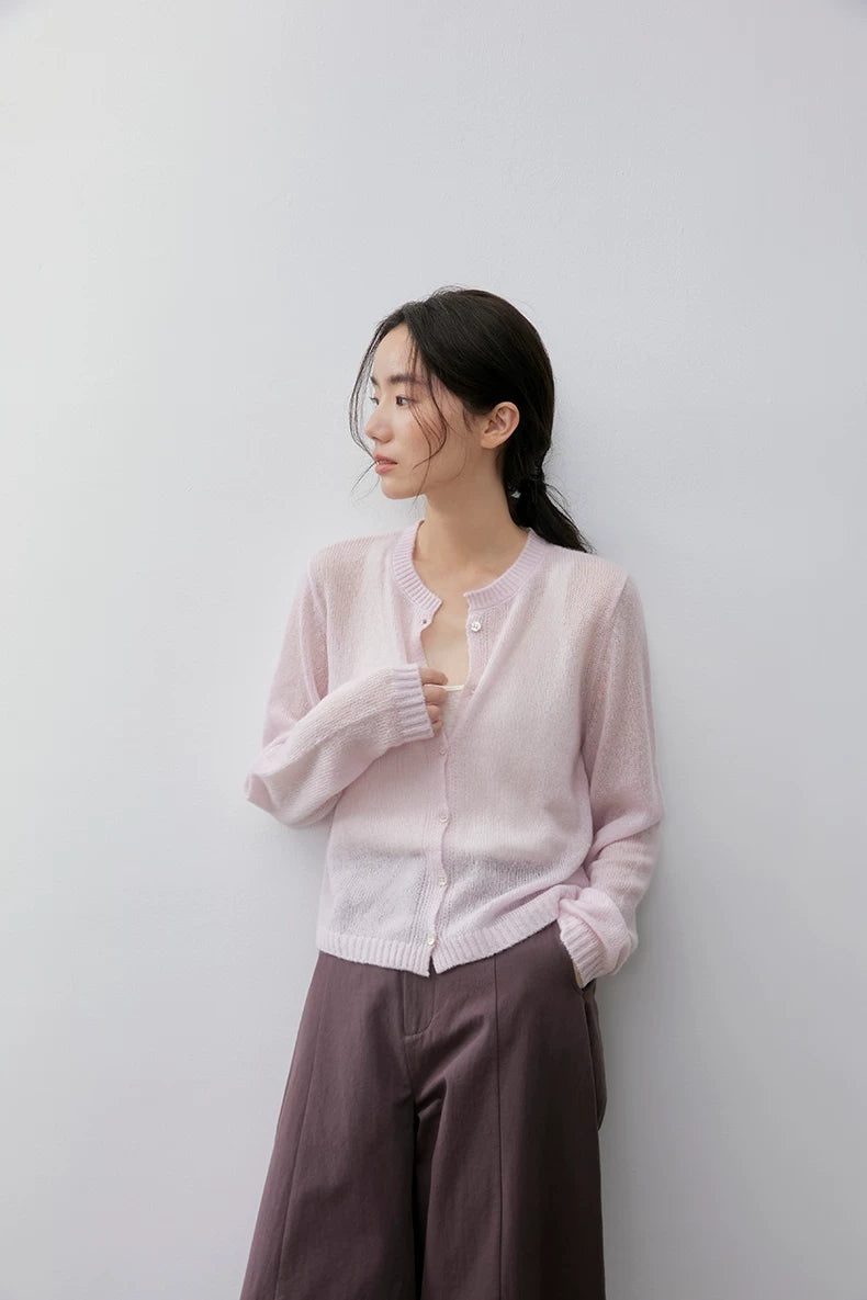 Blush Pink cashmere silk cardigan, close front view
