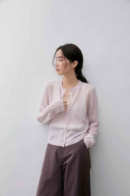 Blush Pink cashmere silk cardigan, close front view