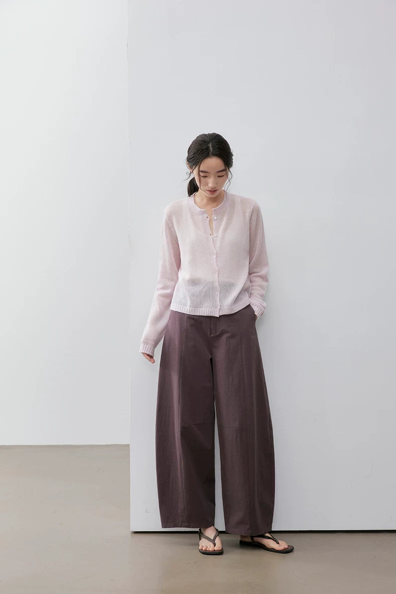 Blush Pink cashmere silk cardigan, full-length front view