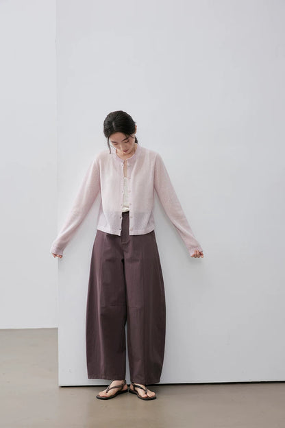 Blush Pink cashmere silk cardigan, full-length styled view