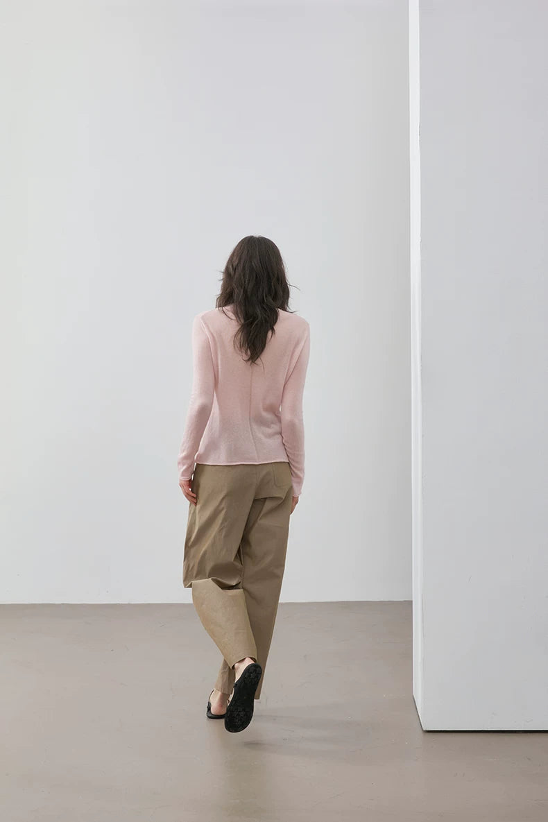 Blush Pink wool camel-blend pullover, back view on model