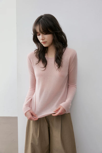Blush Pink wool camel-blend pullover, close front view