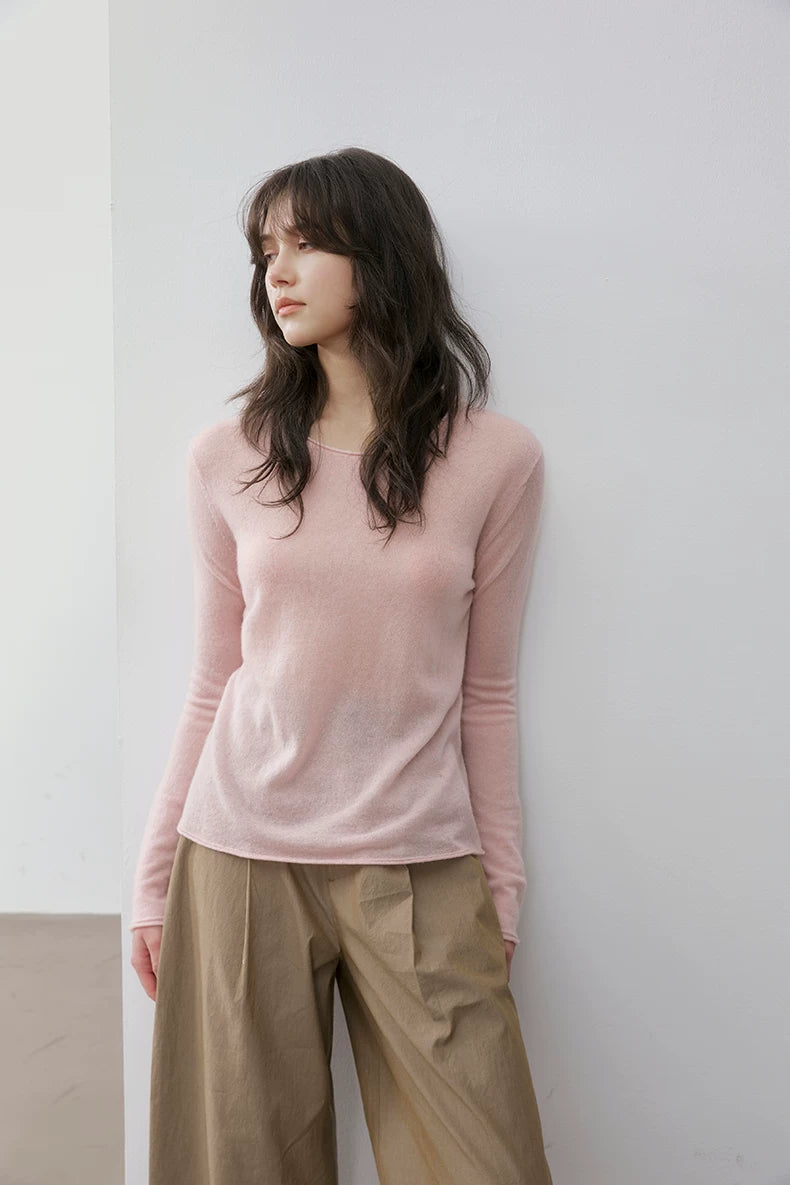 Blush Pink wool camel-blend pullover, styled front view