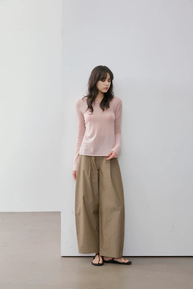 Blush Pink wool camel-blend pullover, full-length front view