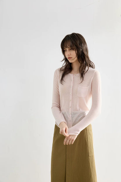 Blush Pink wool knit cardigan, close front view