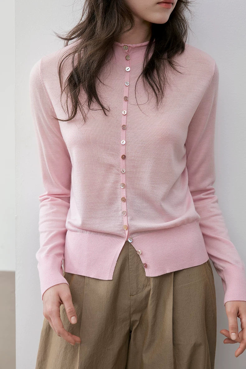 Blush Pink wool cardigan, close front view