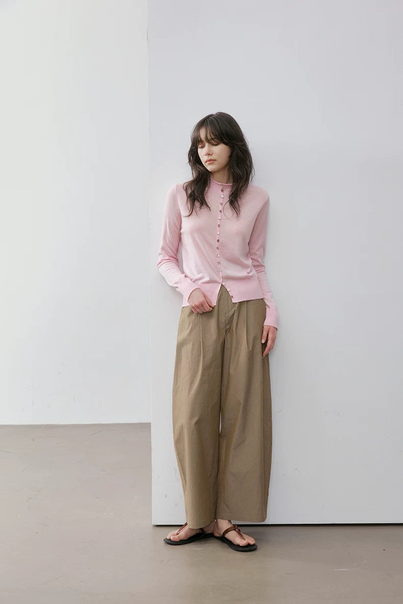 Blush Pink wool cardigan, full-length front view