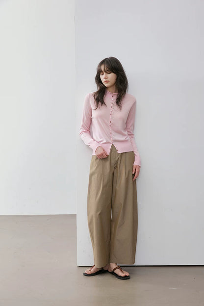 Blush Pink wool cardigan, full-length front view