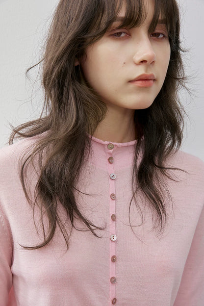 Blush Pink wool cardigan, close-up of semi-mock neckline and buttons