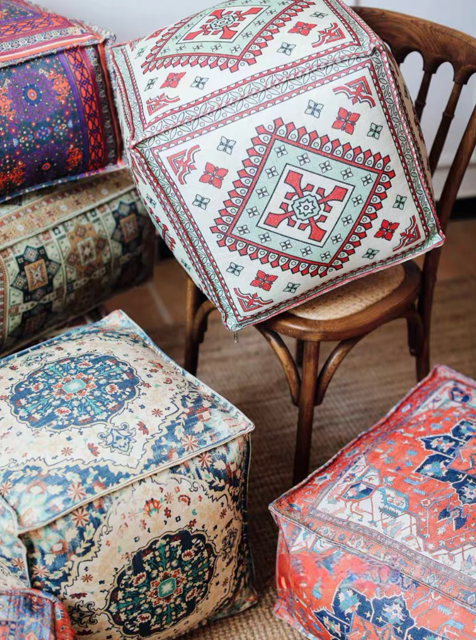 Multi-image close-up collage showing bohemian patterned square floor pouf cushion corner details in two patterns