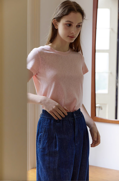 Side view of Breeze Sheer Classic Tee in pink showing breathable slub texture and easy everyday summer fit