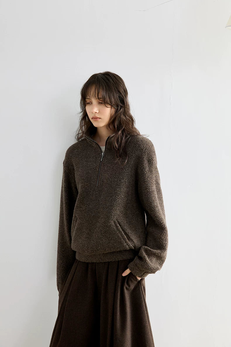 Brown bouclé wool half-zip pullover, front view on model