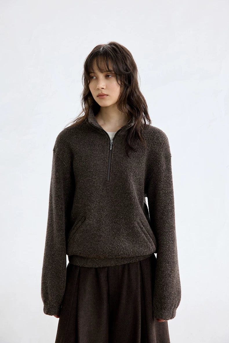 Brown bouclé wool half-zip pullover, close front view