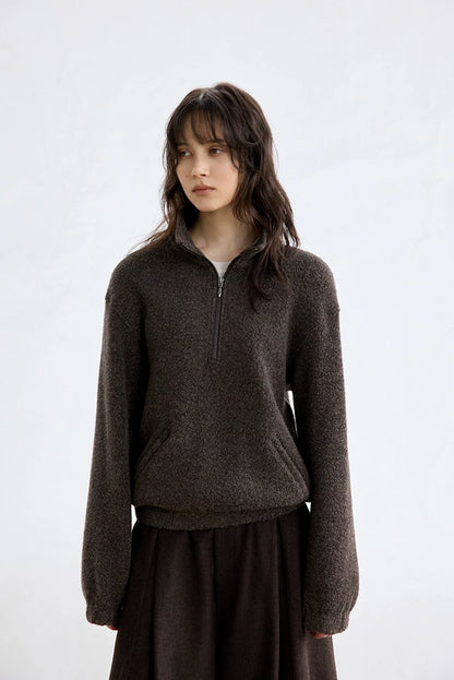 Brown bouclé wool half-zip pullover, close front view