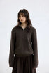 Brown bouclé wool half-zip pullover, close front view