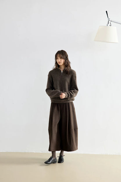 Brown bouclé wool half-zip pullover, full-length front view