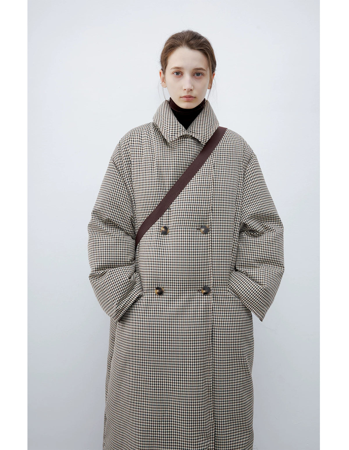 Brown Check down coat buttoned to a stand collar with double-breasted tortoiseshell-look buttons