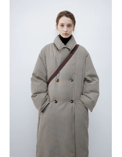 Brown Check down coat buttoned to a stand collar with double-breasted tortoiseshell-look buttons