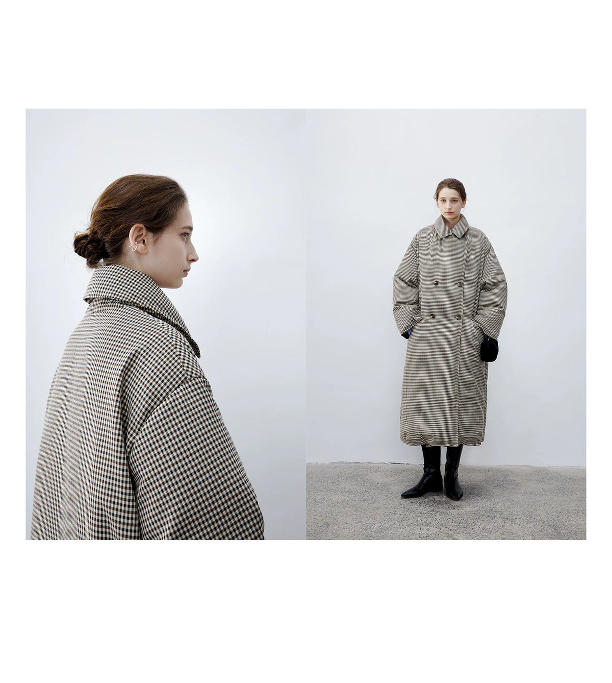 Brown Check long down coat with the collar turned up, shown from the side and front