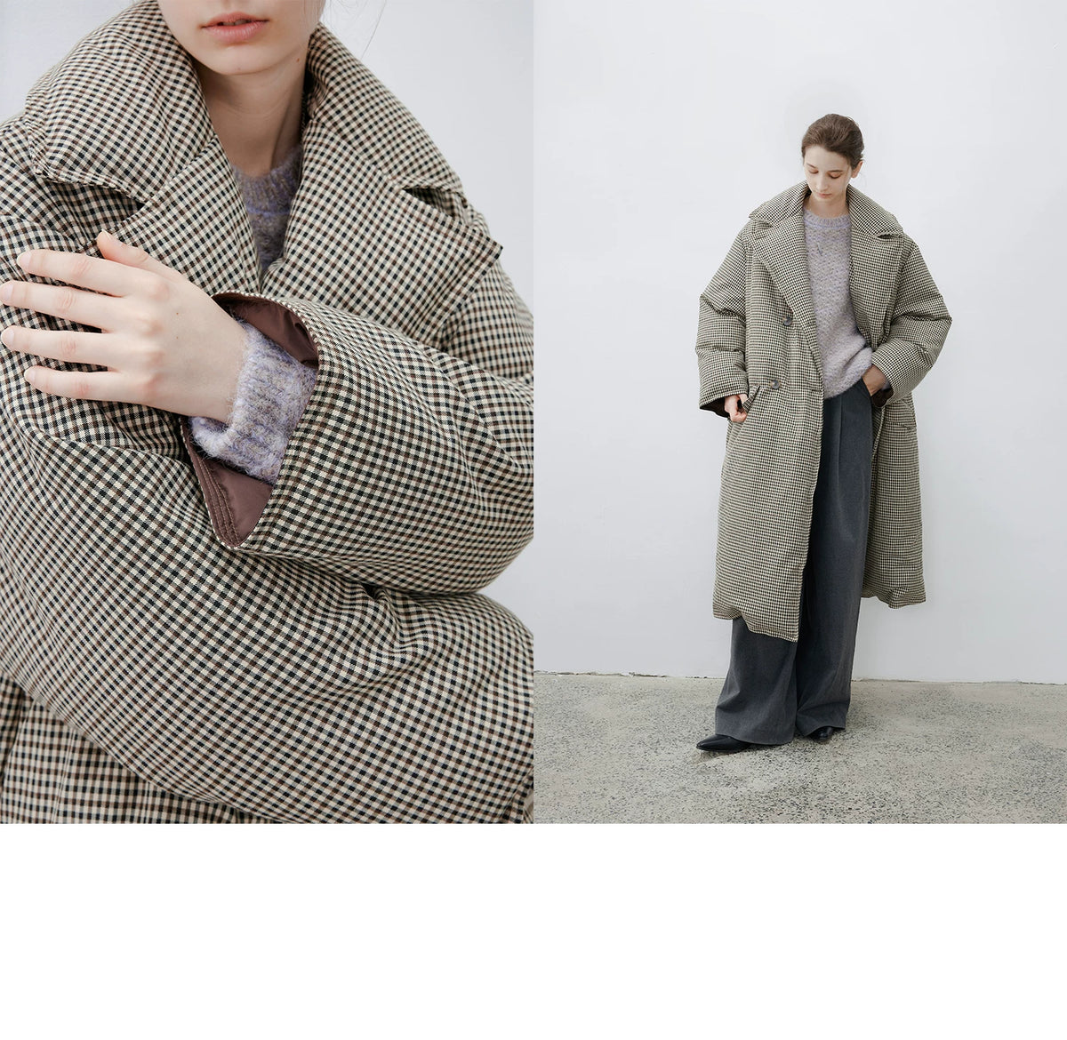 Close-up of a Brown Check down coat’s lapels and chocolate-lined cuff, beside a full-length view
