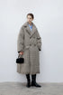 Full-length front view of a Brown Check double-breasted down coat with flap pocket