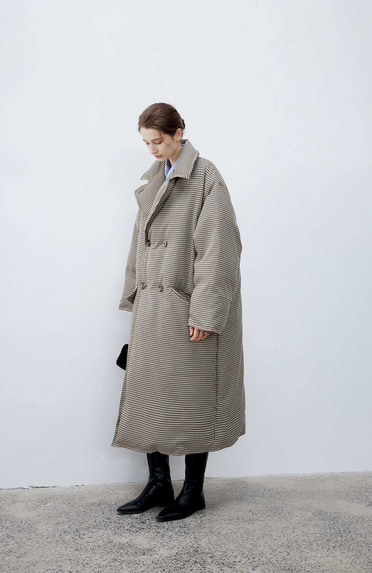 Brown Check oversized long down coat with wide notched lapels and double-breasted front