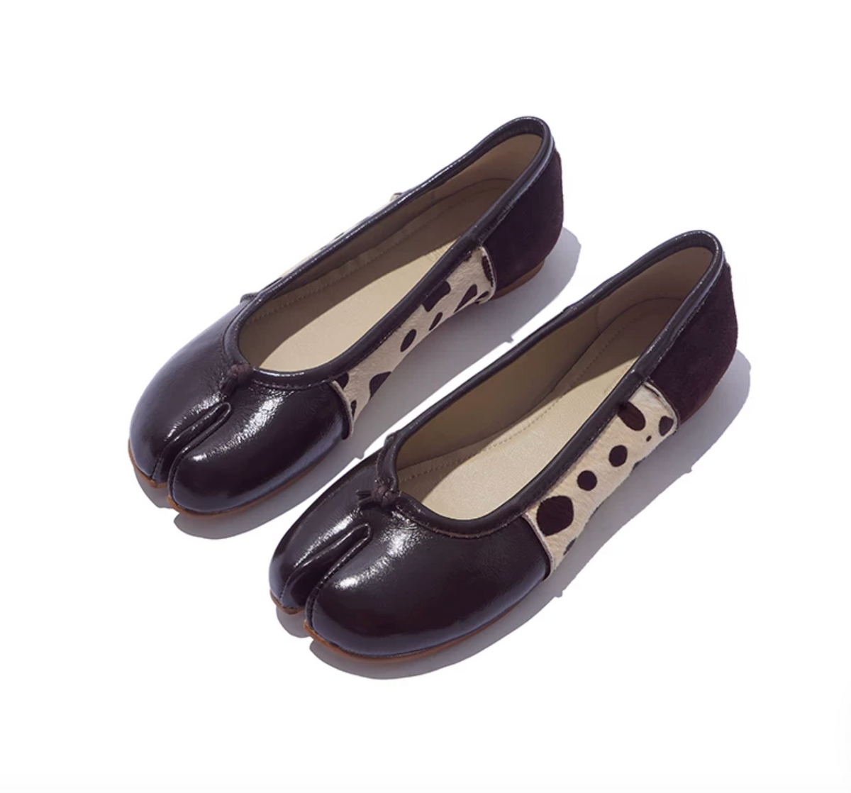 Pair of Brown glossy leather split-toe ballet flats with cream spotted horsehair panels and brown suede heels