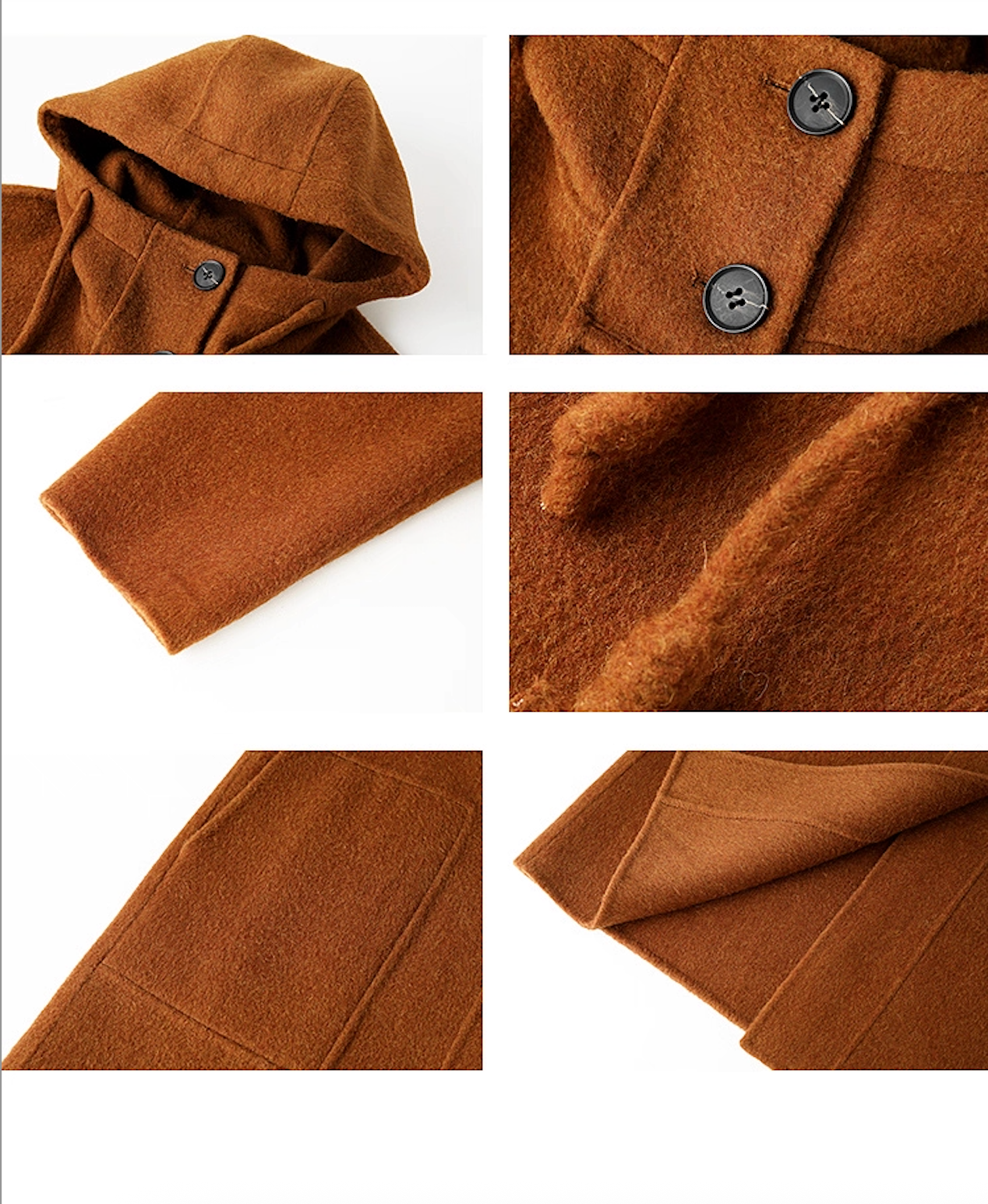 Brown hooded coat detail collage showing hood, sleeve, drawstring, pocket, and hem fabric texture.