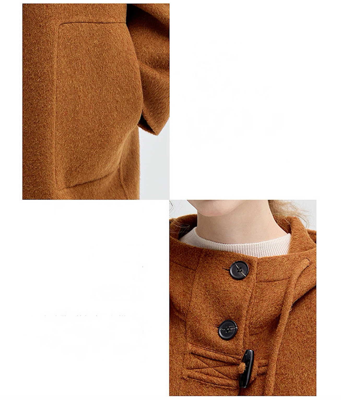 Detail shot of the brown wool coat, highlighting the pocket and collar button area.