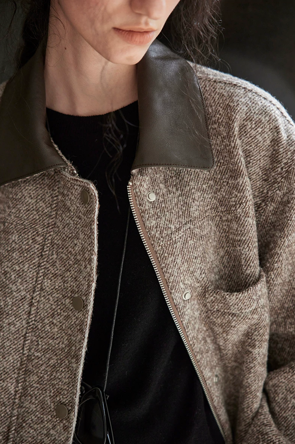 Close-up of a Brown twill wool tweed jacket&