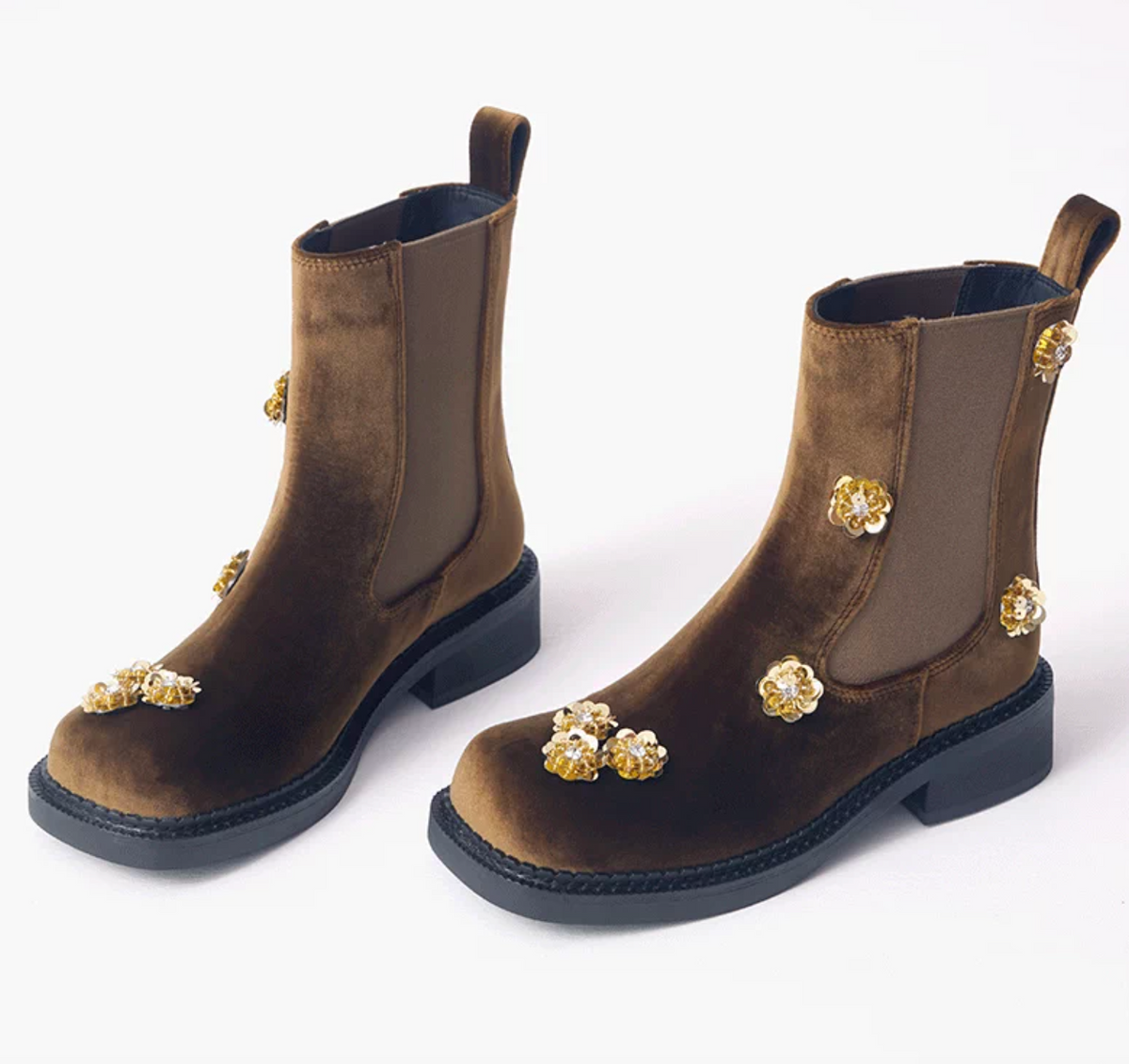 Pair of brown silk velvet Chelsea boots with a block heel, front angle