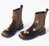 Pair of brown silk velvet Chelsea boots with a block heel, front angle