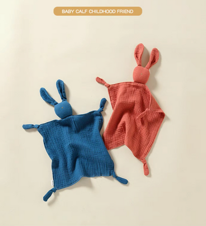 Bunny lovey teething toy shown in orange and navy blue color options for babies