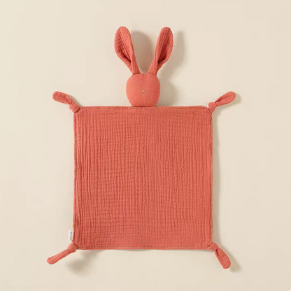 Orange bunny lovey teething toy flat lay front view in soft cotton muslin