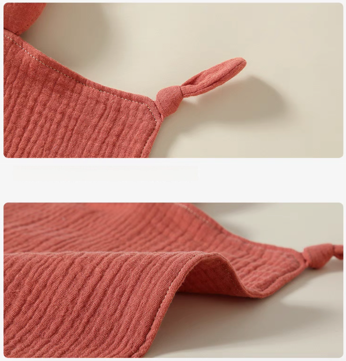 Orange bunny lovey teething toy corner knot and stitched edge detail close-up