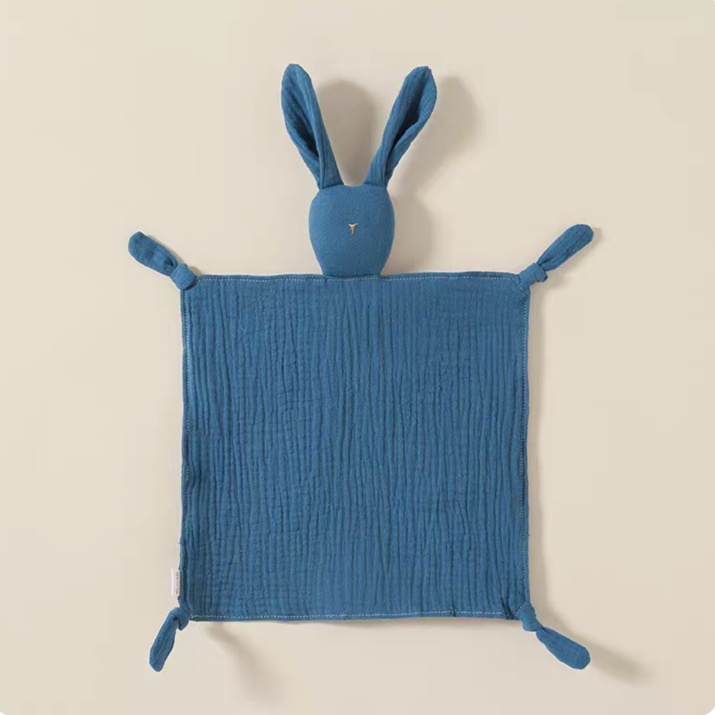 Navy blue bunny lovey teething toy flat lay front view in soft cotton muslin