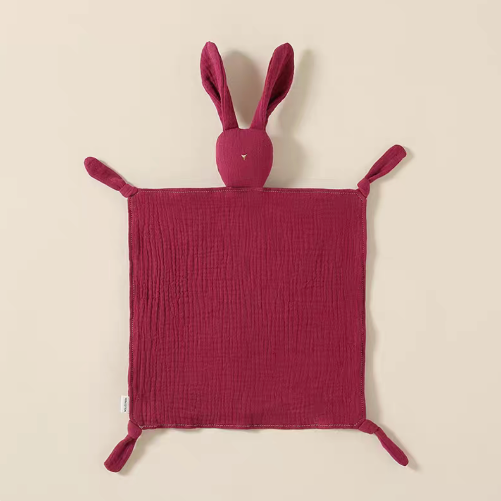 Burgundy bunny lovey teething toy flat lay front view in soft cotton muslin
