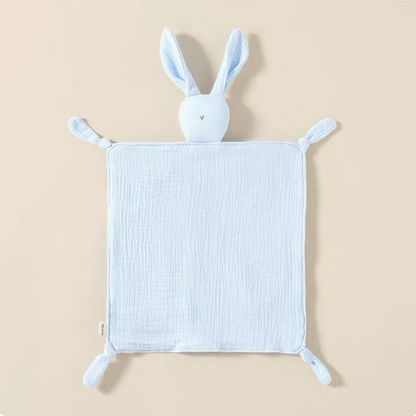 Light blue bunny lovey teething toy flat lay front view in soft cotton muslin