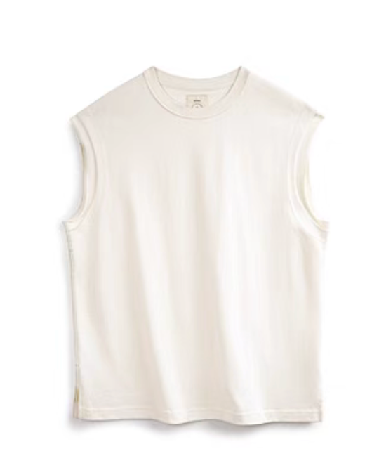 California Chill Tank White front view showing sleeveless cut crewneck and structured heavyweight cotton fabric