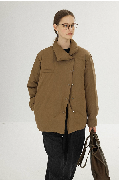 Front view of a Camel down jacket with off-center snap placket, folded collar, and chest welt pocket