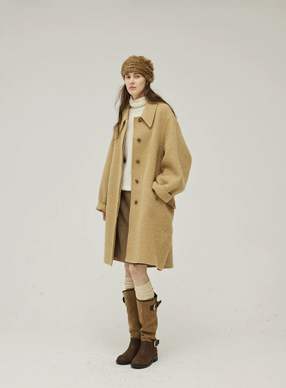 Camel knee-length wool coat with big point collar, tortoiseshell-look buttons, and cuffed sleeves