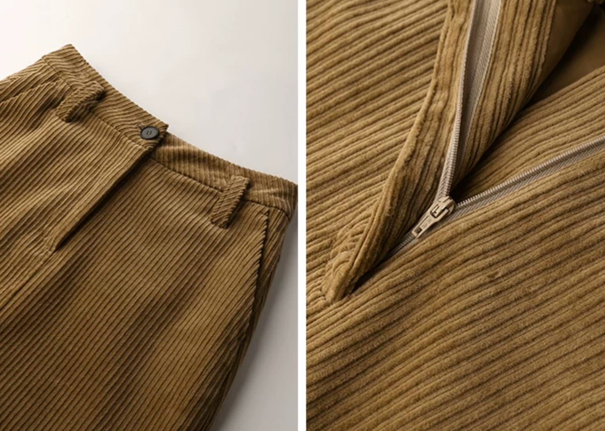 Detail of a camel corduroy skirt waistband button, belt loops, and front zipper