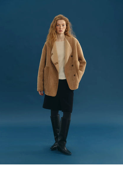 Front view of a Camel boxy faux-shearling jacket with wool lapels and offset buttons