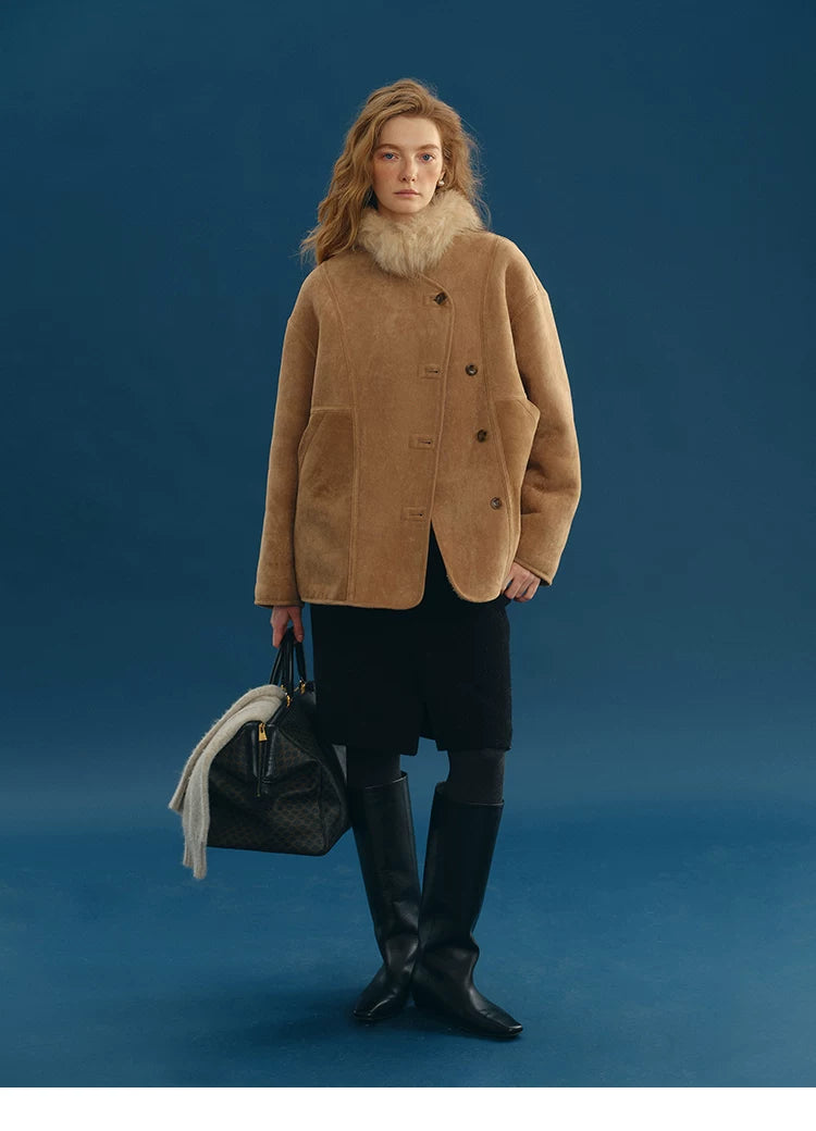 Full-length view of a Camel reversible faux-shearling jacket buttoned with side pockets