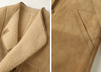Close-up of a Camel faux-suede jacket showing the cream wool lapel and topstitched side pocket